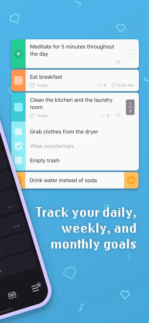 Liste de tâches de Habitica — habitudes, quotidiennes et sous-tâches à cocher — sous le bandeau « Track your daily, weekly, and monthly goals »