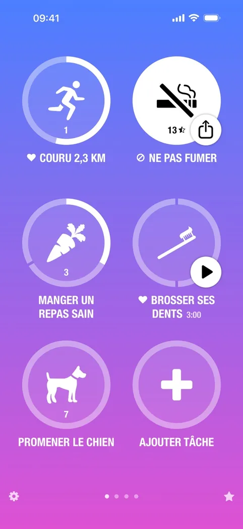Grille d'habitudes de Streaks en français : couru, ne pas fumer, manger un repas sain, brosser ses dents