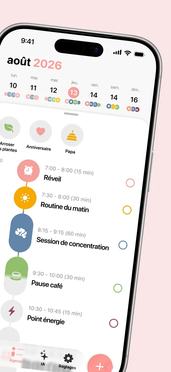 Journée de Structured sur une ligne du temps : Réveil à 7:00, Routine du matin à 7:30, Session de concentration, Pause café, Point énergie