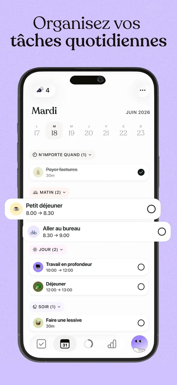 Journée de mardi dans Tiimo, découpée en Matin, Jour et Soir : petit déjeuner, aller au bureau, travail en profondeur, déjeuner, lessive