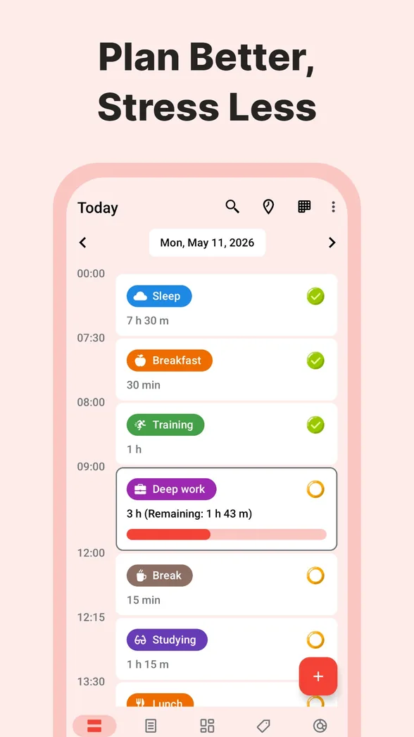 Journée de TimeTune en blocs successifs, libellés en anglais : Sleep, Breakfast, Training, Deep work avec son temps restant, Break, Studying, Lunch