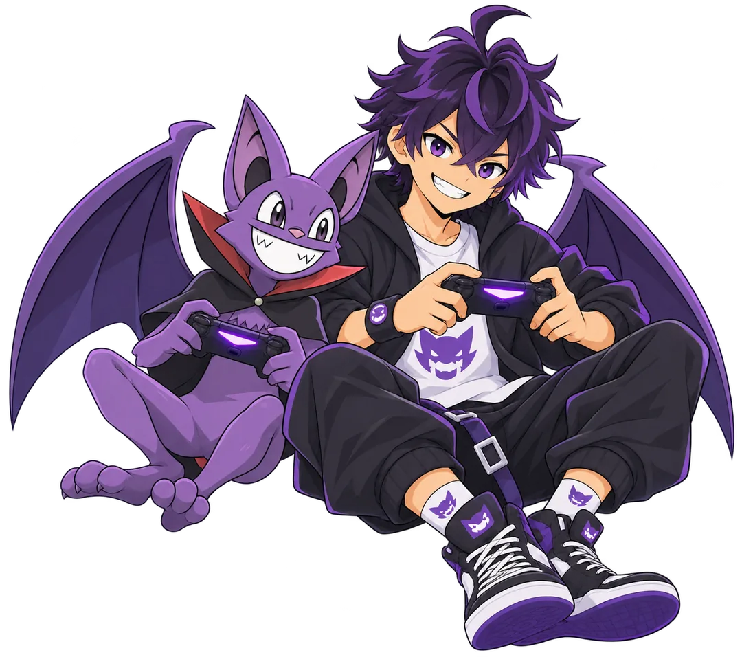 Un dresseur et son Lifemon chauve-souris jouent ensemble, manette en main
